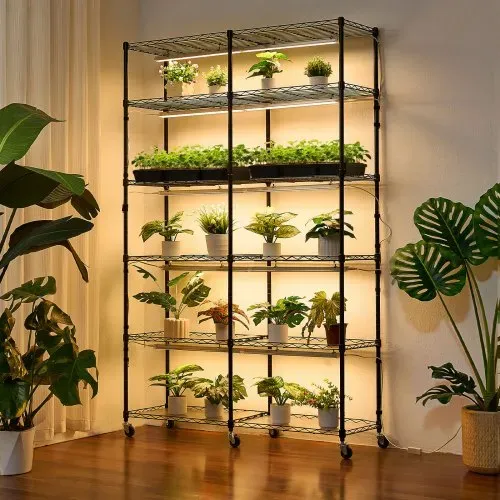 VEVOR Pflanzenregal mit Wachstumslicht, 6-stufiger doppelreihiger Pflanzenständer für Zimmerpflanzen mit Rädern & Timer, 200-W-Vollspektrum-Lichter, Blumenregal für Samenanzucht, 120x35x180cm – Bild 7