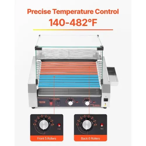 VEVOR Hot Dog Grill Maschine Hot dogs 11 Rollen Edelstahl, 2200 W, Elektrogrill mit Abdeckung & 2 Temperaturregler & seitlicher Aufbewahrungsbox & herausnehmbarem Regal & Ölauffangschale – Bild 2