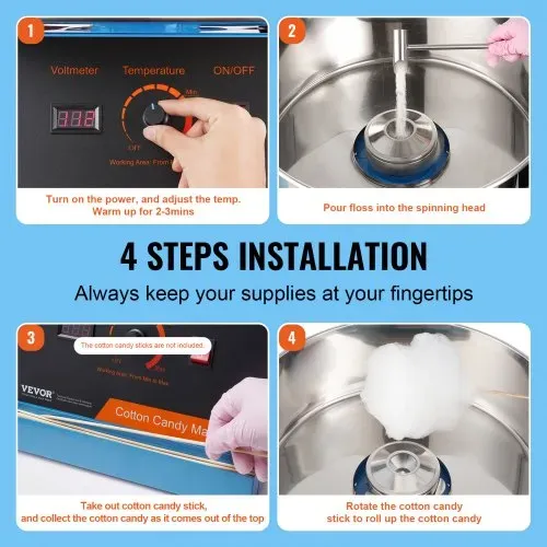 VEVOR Elektrische Zuckerwattemaschine, 1000 W Zuckerwattegeräte, Kommerzielle Zuckerwattemaschine mit Abdeckung, Edelstahlschüssel & Zuckerlöffel, Perfekt für Familienfeiern, Partys (Blau) – Bild 4