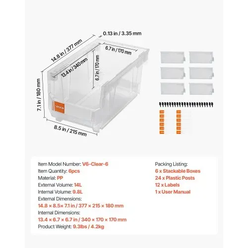VEVOR Stapelboxen, 377 x 215 x 180 mm (6er-Pack), Sichtlagerboxen zum Organisieren & Aufbewahren, Sichtlagerkasten für Schränken, Garagen, Kleinteilen, Bürobedarf & anderem Zubehör, transparent – Bild 6