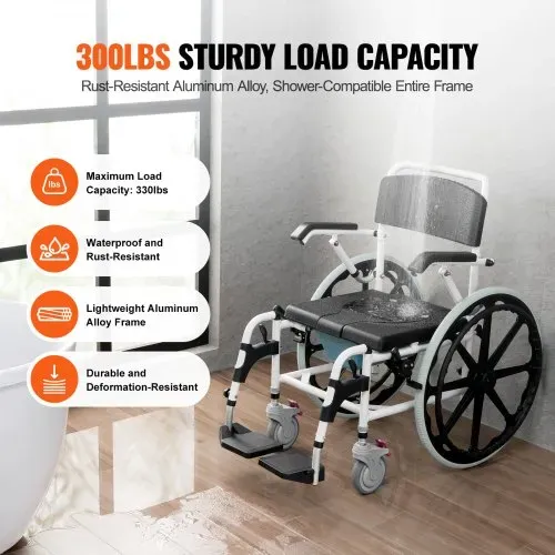 VEVOR Duschrollstuhl, 17,5 Zoll breiter Badezimmerrollstuhl aus Aluminiumlegierung für die Innendusche, verstellbarer Duschrollstuhl mit Bremse für behinderte Erwachsene, 300 lbs Tragkraft, Dusch-/Toiletten-/Transportstuhl – Bild 2