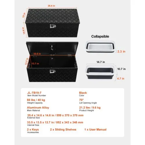 VEVOR Werkzeugkasten aus Aluminium für die Ladefläche, gestreifte Werkzeugkiste (899 x 370 x 370 mm) mit seitlichem Griff & ausziehbarem Regal, Aufbewahrungs-Organizer für Anhänger Schwarz – Bild 6