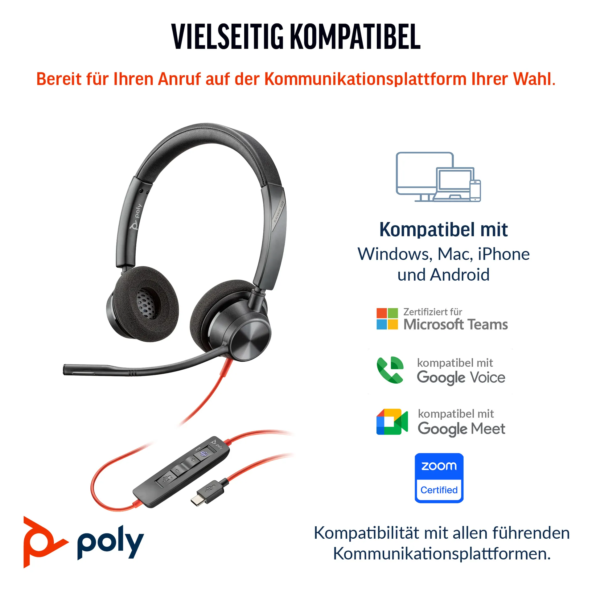 HP Poly Blackwire 3320 USB-C Stereo-Headset, für Microsoft Teams zertifiziert, + USB-C/A-Adapter – Bild 4
