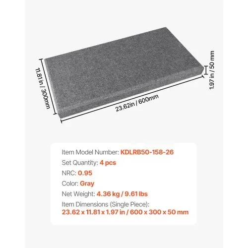 VEVOR Akustikpaneele, 4 Stück, 600x300x50 mm, Fiberglas, schallabsorbierende Platten, selbstklebende, Akustik Wandpaneele, für Studios, Büros, Heimkinos, Konferenzräume, grau – Bild 6