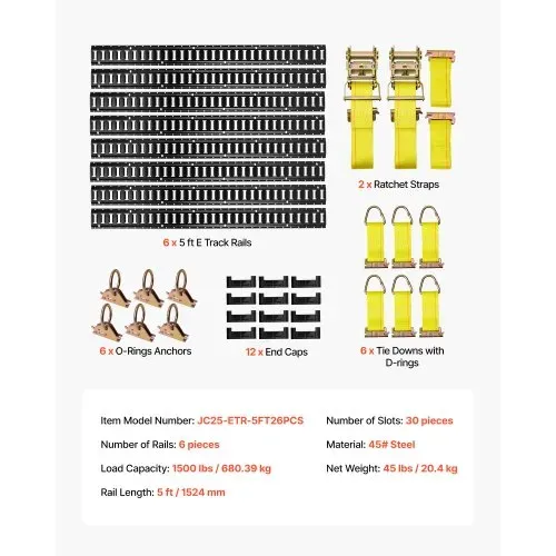 VEVOR E-Track-Zurrschienen-Set, 6er-Pack 1,5 m, 26-tlg. Zubehör, inkl. 2 Ratschengurten & 6 O-Ringen & 6 Zurrgurten mit D-Ring & 12 Endkappen, für Garagen, Lieferwagen, Anhänger, Motorräder – Bild 6