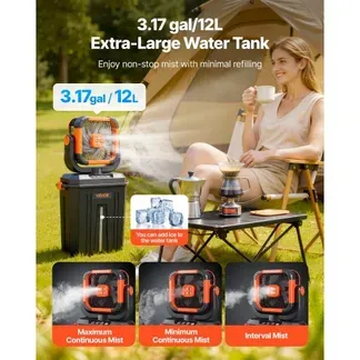 VEVOR Akku Camping Ventilator, 2400 U/min Motor, Outdoor Nebelventilator mit 12-L-Wassertank, 20000-mAh-Akku, 4 Gänge & 3 Beleuchtungsmodi, Wasserkühlung Nebelfan für Camping, Angeln, Reisen VEVOR Akku Camping Ventilator, 2400 U/min Motor, Outdoor Nebelventilator mit 12-L-Wassertank, 20000-mAh-Akku, 4 Gänge & 3 Beleuchtungsmodi, Wasserkühlung Nebelfan für Camping, Angeln, Reisen