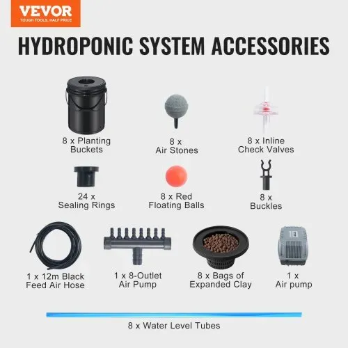 VEVOR DWC Hydroponics Grow System, Hydroponisches Anbausystem, Deep Water Culture 5-Gallonen 8 Eimer, DWC-System mit Luftpumpe, Luftsteinen und Wasserstandsanzeige für Blattgemüse – Bild 6