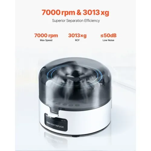VEVOR Mini-Zentrifugenmaschine 3013 xg RCF elektrische Laborzentrifugenmaschine mit 2 in 1 Rotor für 0,2/1,5/2 ml Röhrchenkapazität, feste Drehzahl 7000 U/min, geräuscharm für Laborexperimenten – Bild 2