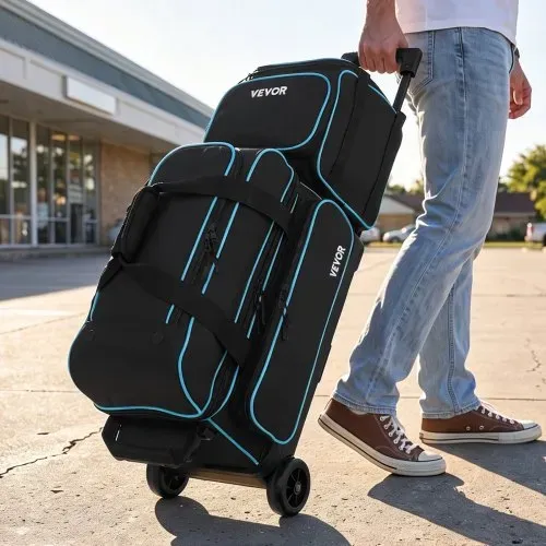 VEVOR 1 Bowlingtasche mit Rollen + 1 Bowlingtasche (Mini) für 2+1 Kugeln aus 600D Oxford Blau Schwarz, für Schuhe bis US-Größe 16, mit Teleskopgriff (bis zu 1016 mm) und Doppellagigen Ablagen – Bild 7