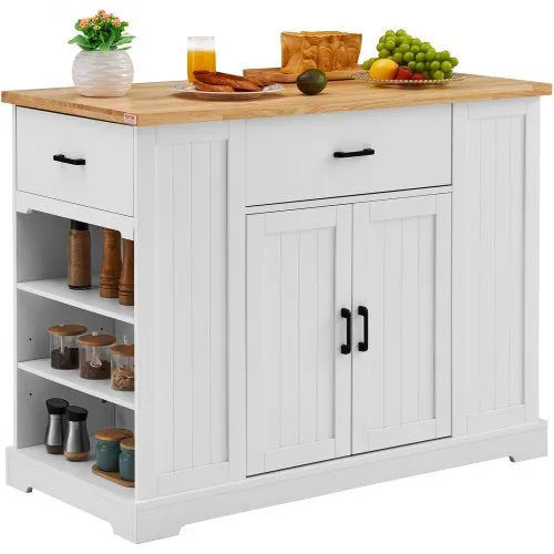 VEVOR Kücheninselwagen, 117 cm Frühstücksbar mit Holzplatte und Lagerschrank, Bauernküchentisch mit verstellbarem Regal, Schublade, für Esszimmer, Küche und Wohnzimmer, weiß VEVOR Kücheninselwagen, 117 cm Frühstücksbar mit Holzplatte und Lagerschrank, Bauernküchentisch mit verstellbarem Regal, Schublade, für Esszimmer, Küche und Wohnzimmer, weiß