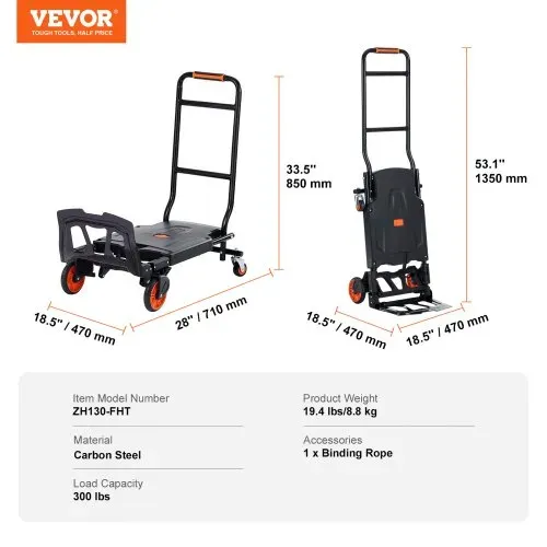 VEVOR 2 in 1 Sackkarre Klappbar 136kg Tragfähigkeit Transportkarre Aluminiumlegierung & Kohlenstoffstahl Sackkarre ⇋ Plattformwagen Trolley für Lade- & Transportaufgaben im Innen- & Außenbereich – Bild 6