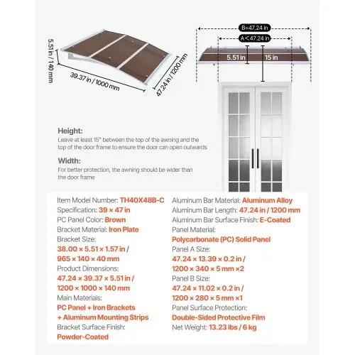 VEVOR Vordach für Haustür 120x100 cm, Pultbogenvordach, Überdachung mit Entwässerung & ABS-Halterung, Regen-, Schnee- & Sonnenschutz, Polycarbonat-Türüberdachung für Veranda & Terrasse, Braun – Bild 6