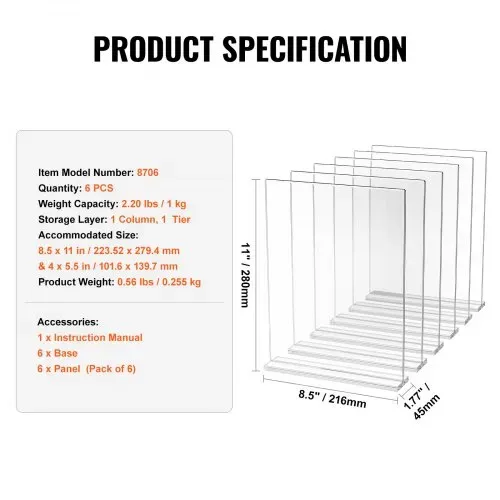VEVOR Schilderhalter Tischaufsteller, 6 Stk. 223,52 x 279,4 mm Prospekthalter, T-förmiger doppelseitiger Display-Schilderständer durchsichtiger Menühalter aus Acryl für Restaurant Büro Hochzeit Bar – Bild 6