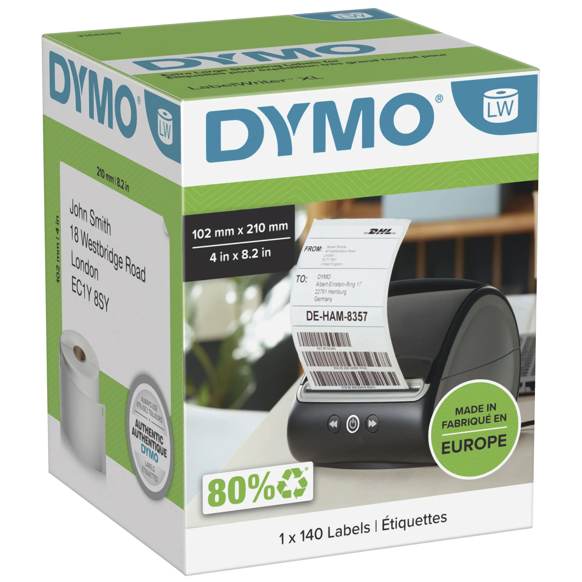 DYMO Original LabelWriter DHL Versandetiketten für LabelWriter 5XL/4XL-Etikettendrucker | 102 mm x 210 mm | Rolle mit 140 Etiketten | selbstklebend | für LabelWriter Beschriftungsgerät DYMO Original LabelWriter DHL Versandetiketten für LabelWriter 5XL/4XL-Etikettendrucker | 102 mm x 210 mm | Rolle mit 140 Etiketten | selbstklebend | für LabelWriter Beschriftungsgerät