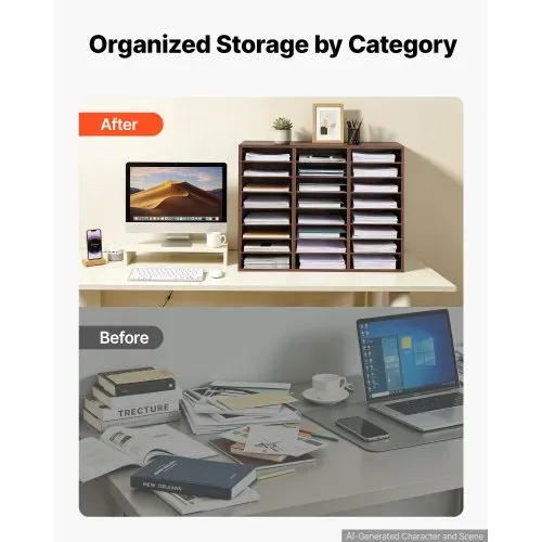 VEVOR Dokumentenablage Holz Schreibtisch Organizer mit 24 Fächern Braun, Ablagefach für Standard-A4-Dokumente Akten & Papiere, mit Verstellbaren Einlegböden für Büro, Zuhause & Klassenzimmer, MDF – Bild 2