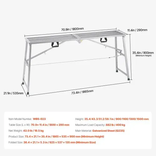 VEVOR Arbeitsplattform 900-1500 mm, zusammenklappbare Trittleiter aus legiertem Stahl, tragbare Arbeitsbühne, Tragkraft 400 kg, Trittbank Hocker zum Malen von Trockenbauwänden, Reinigen, Waschen – Bild 6