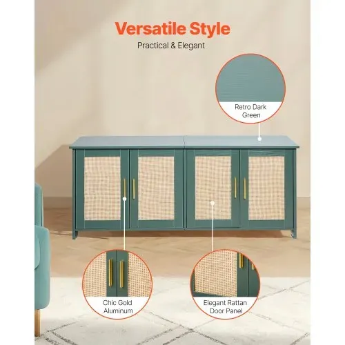 VEVOR Katzenschrank, 1200x450x500 mm, Katzentoilette mit 4 Rattantüren & 2 Eingängen, Katzenklo Schrank für den Innenbereich, Katzenhaus passend für die meisten Katzentoiletten, grün – Bild 5