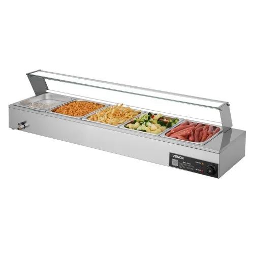VEVOR kommerzieller Speisenwärmer mit Glasabdeckung & 5 Behälter (1/2-Größe) 1,5 kW Buffetwärmer Edelstahl, Buffetbehälter Buffet-Wasserbad Speisenwärmstation für Restaurants Partys Buffets – Bild 8