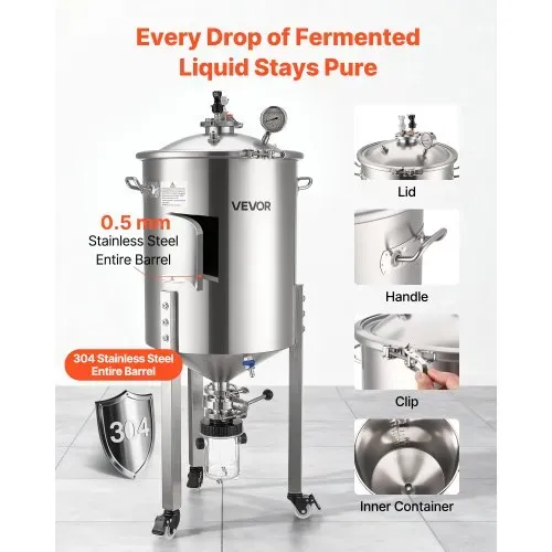 VEVOR konischer Gärbehälter Edelstahl 60 L Gärtank für Heimbrauen, Gärkessel mit konischem Boden & 3 Lenkrollen & Deckel & Griff & Thermometer, Gärfass für Wein- und Biergärung – Bild 3