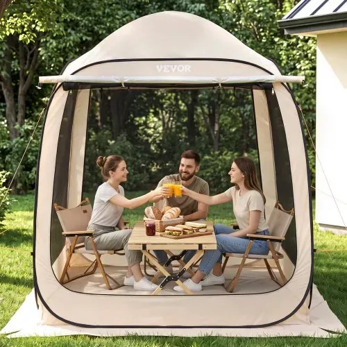 VEVOR Campingzelt, 182,88x182,88x219,4 cm, Pop-up-Zelt mit ausziehbarer Markise, tragbares Partyzelt für 4-6 Personen, inkl. Tragetasche & Seitenwänden, für Terrasse & Outdoor-Aktivitäten, Beige – Bild 7
