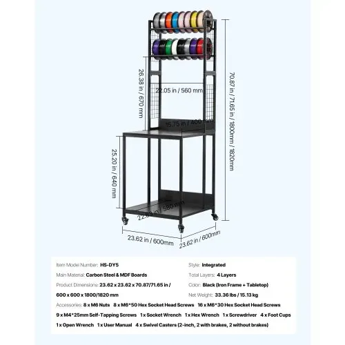 VEVOR 4-stöckiges mobiles Filament-Aufbewahrungsregal, 3D-Drucker-Filament-Aufbewahrungsregal, Filamentspulenhalter auf Rädern, Organizer-Ständer für 3D-Druckstudio – Bild 6