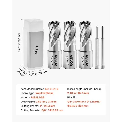 VEVOR HSS-Kernbohrer Weldon-Schaft 5-tlg. Magnetbohrer 15,9 mm Schnittdurchmesser, 3 Bohrer mit 2 Zentrierstiften, 25,4 mm Schnitttiefe, 3 Kunststoffboxen, für Magnetbohrmaschinen, Stahl, Aluminium – Bild 6
