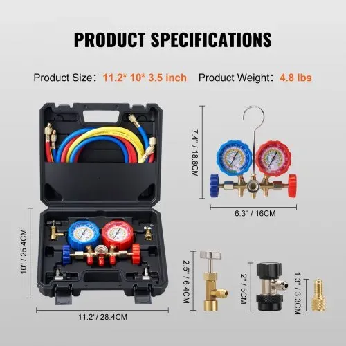 VEVOR Kältemittel Manometer 3-Wege Auto Kältemittel Verteiler Messgeräteset R134A-R22-R12-R502 Ac 4 Stk。 1,52 m Ladeschläuche Kältemittel Manometer – Bild 6