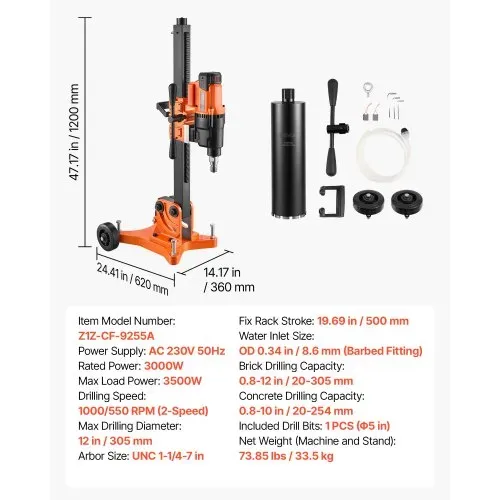 VEVOR Diamant Kernbohrgerät 3kW Kernlochbohrmaschine Trocken/Nass 20-305 mm, für Beton Ziegel Asphalt & Marmor, 127-mm-Nassbohrer, Neigbarer Ständer & Fahrgestell, 1000/550 U/min, UNC1 1/4–7 Gewinde – Bild 6