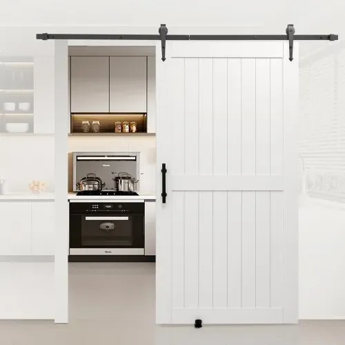 VEVOR Schiebetür im Scheunenstil Schiebetürsystem (1067 x 2134 mm) aus hochfesten MDF-Platten, Scheunentor mit Hardware-Kit & wasserfester PVC-Oberfläche & H-Rahmen für Wohnzimmer Badezimmer Weiß – Bild 7