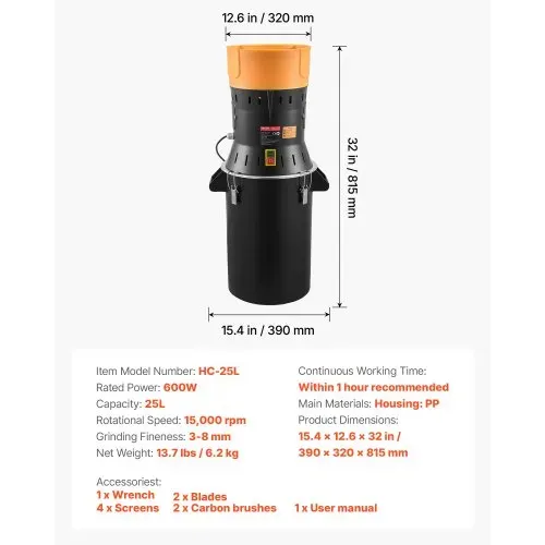 VEVOR Elektrische Getreidemühle 25 L, Gewürzmühle 600 W, Gewürzmühle mit verzinkten & scharfen Klingen, Pulverisiermaschine für Trockenes Getreide Gewürze Müsli Kaffee Mais 390x320x815 mm – Bild 6