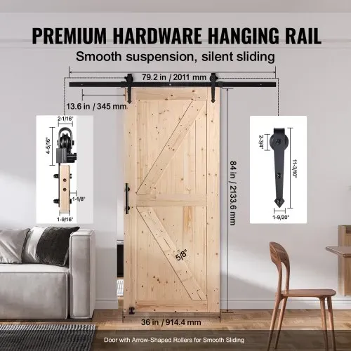 VEVOR Scheunentor und Hardware-Set, 91,4 x 213,4 cm Holz-Schiebetor, sanft und leise, Scheunentor-Set mit 8-in-1-Bodenführung und Türgriff, Fichtenholz-Platte – Bild 3