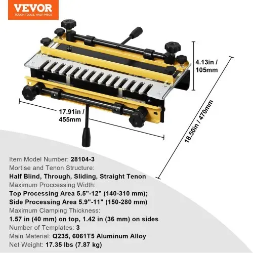 VEVOR Zinkenfräsmaschine, 31 cm Breit, Zinkenfräsgerät mit 4 Fräsern & 3 Schablonen, Zinkenfrässchablone, Präzise Ausrichtung, Werkzeug für Zapfenverbindungen in Möbel- & Schrankherstellung – Bild 6