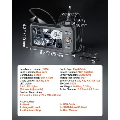 VEVOR Dual Lens Endoskopkamera mit 5 Zoll Bildschirm, 3000mAh Akku Inspektionskamera mit 5m Kabel 8X Zoom 180° Bildrotation IP67 Wasserdicht, 5,5mm Industrie Endoskop mit Licht für Auto Rohre Abfluss – Bild 6