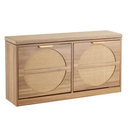 VEVOR Schuhbank mit 2 Klappen 200kg Schuhkipper Schuhkommode 980x240x515mm, für Flur Wohnzimmer Schlafzimmer, MDF-Schuhschrank mit 2 Flip-Schubladen, Gepolstertem Sitzkissen, Rattanoptik Naturholzfarbe – Bild 9
