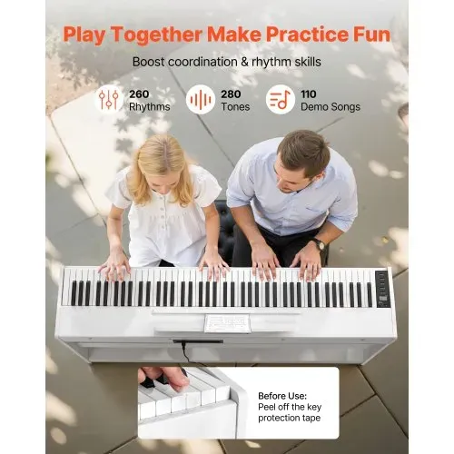 VEVOR Gewichtetes Digitalpiano, 88 Tasten vollgewichtet, E-Piano-Tastatur mit Möbelständer, Netzadapter, Dreifachpedal, Aufnahmefunktion, 280 Töne, Kabellose Verbindung, für Anfänger, Weiß – Bild 3