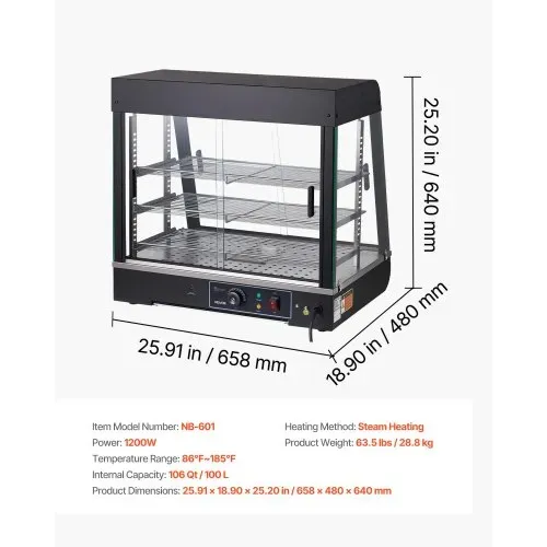VEVOR 3-stöckige Wärmetheke 100 L, Warmhaltevitrine 1200 W, Warmhaltetheke 30–85 °C, Speisenwärmer mit LED-Beleuchtung & Verstellbaren Ablagen, Speisevitrine für Hamburger Pizza Brot Brathähnchen – Bild 6