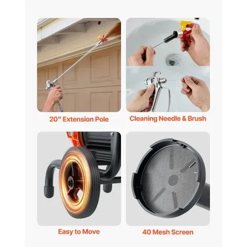VEVOR Membran-Airless-Farbspritzgerät 2000 W, Rollbares Farbspritzgerät mit 22,75 MPa Hochdruck, 10 m Hochdruckschlauch, Reinigungsnadel und Bürste, für DIY-Sprüharbeiten im Innen- und Außenbereich – Bild 4