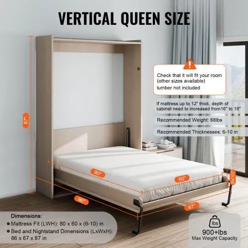VEVOR Schrankbettfedern Mechanismus 2185 x 1700 x 2210 mm, Murphy-Bett-Bausatz, Queen Deluxe, DIY-Bausatz mechanische Hardware für Wandbetten, pneumatische Hebel-Bettstütze, Klappschrank-Wandbett – Bild 2