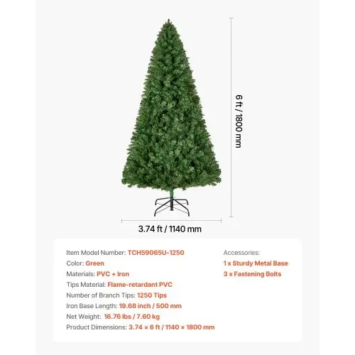 VEVOR Weihnachtsbaum künstlich, 1,8 m Tannenbaum, PVC Christbaum, Naturgetreu, mit 1250 Zweigspitzen und stabilem Metallständer für die Dekoration von Zuhause, Partys und Büros – Bild 6