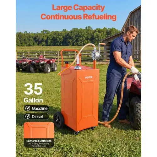 VEVOR 132,5L Kraftstofftrolley Mobile Tankanlage mit Manueller Pumpe Orange, Kohlenstoffstahl, Inkl. 4 Rolle & 3m Förderschlauch, Max. 17,8L/min Durchfluss, Benzin & Diesel, Ideal für ATV UTV Motorrad VEVOR 132,5L Kraftstofftrolley Mobile Tankanlage mit Manueller Pumpe Orange, Kohlenstoffstahl, Inkl. 4 Rolle & 3m Förderschlauch, Max. 17,8L/min Durchfluss, Benzin & Diesel, Ideal für ATV UTV Motorrad