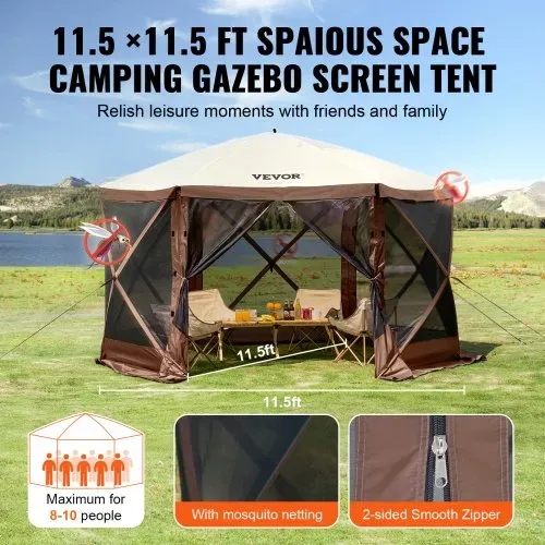 VEVOR Pop-Up-Pavillonzelt, Pop-Up-Zelt mit 6-seitigem Baldachin, Sonnenschutz mit 6 abnehmbaren Sichtschutz-Windtüchern und Netzfenstern, 3,5 x 3,5 m, Schnellaufbau-Zelt mit Moskitonetz, braun – Bild 5