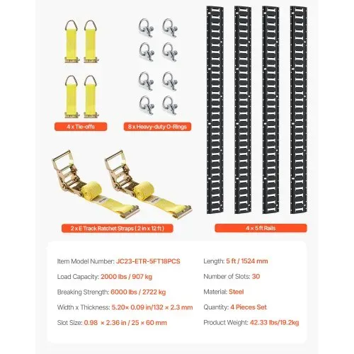 VEVOR E-Track-Zurrschienen-Set, 18-teilig, 1524 mm E-Tracks-Set, inkl. 4 Stahlschienen & 8 O-Ring-Anker & 4 Zurrgurte mit D-Ring & 2 Ratschengurten, Sicherungszubehör für Lastenmotorräder, 907 kg – Bild 6