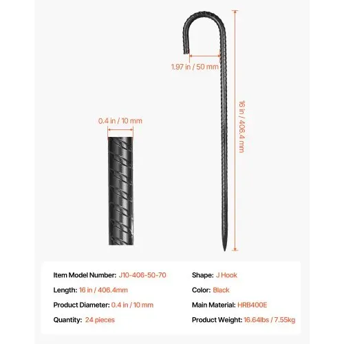 VEVOR Bodenanker, 406,4 mm, J-Typ mit 10 mm Durchmesser, verzinkte Zeltheringe, Erdanker, Erdnägel, Heringe, für Zelten, Vordächern, Camping, Trampolin, Blumenständer (24er-Pack) – Bild 6