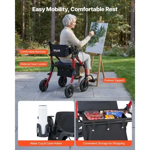 VEVOR 2-in-1 Rollator Faltbar mit Sitz, Leichter Gehwagen mit Reifen, Gehhilfe bis 136 kg mit Rückenlehne Tasche Gehstockhalter, Höhenverstellbare Laufhilfe mit Feststellfunktion für Senioren, Rot – Bild 5
