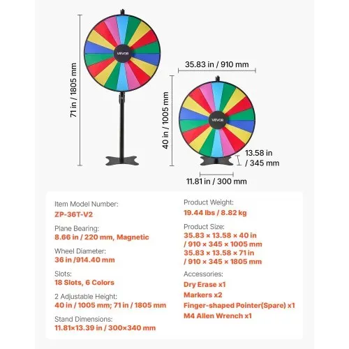 VEVOR Glücksrad Drehrad (914 mm) 18 Slots Glücksrad mit Ständer, höhenverstellbar, Lotteriespiele Gewinn-Roulette mit Tafelschwamm & 2 Markern, 6 Farben, ideal für Party Kneipe Messe – Bild 6