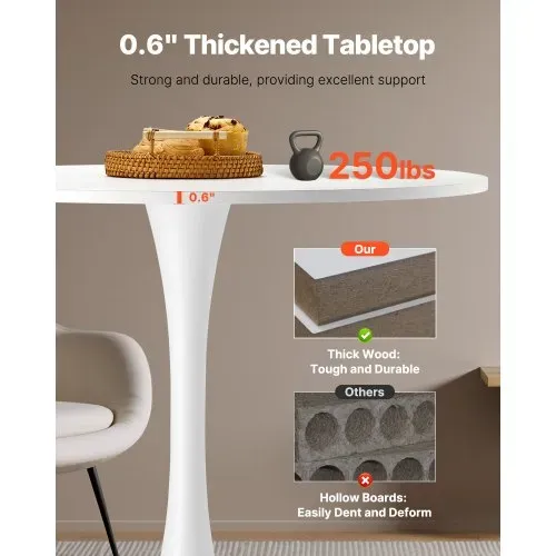 VEVOR runder Esstisch Küchentisch Holztisch (80 cm / 113,4 kg belastbar) für 2–4 Personen, moderne Bürotische mit Säulenfuß im Tulpendesign, für Küche zu Hause Wohnzimmer, weiß (nur Tisch) – Bild 2