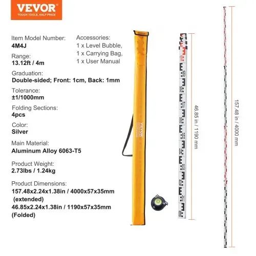 VEVOR Aluminium-Messlatte, 4 m metrische Teleskop-Messlatte, doppelseitige Skala in cm/mm, Nivellierlatte, Vermessungslatte aus Aluminiumlegierung mit Wasserwaage und Tragetasche zum Vermessen von Häusern, Wänden, Böden – Bild 6