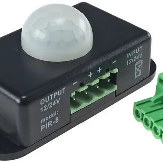 Bewegungsmelder 12-24V=, 6A IP20, bis 8m Reichweite, 60°, 1-10min Bewegungsmelder 12-24V=, 6A IP20, bis 8m Reichweite, 60°, 1-10min