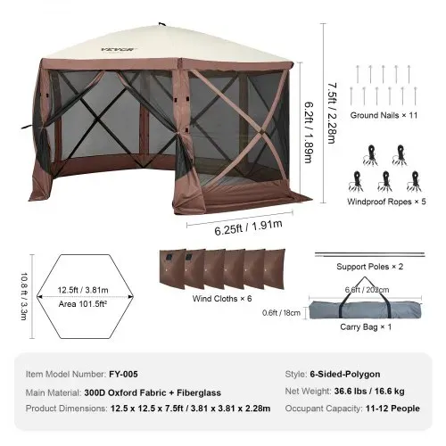 VEVOR Pop-Up-Pavillonzelt, Pop-Up-Zelt mit 6-seitigem Baldachin, Sonnenschutz mit 6 abnehmbaren Sichtschutz-Windtüchern und Netzfenstern, 12,5 x 12,5 Fuß, Schnellaufbau-Zelt mit Moskitonetz, braun – Bild 6