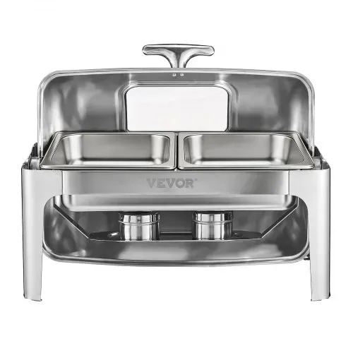VEVOR Chafing Dish Set Speisenwärmer Edelstahl mit 2 Pfannen in halber Größe (3,9 L), rechteckiger Wärmespender mit sichtbarem Deckel & Wasserpfannenständer & Brennstoffhalter, für Partys Silber – Bild 8